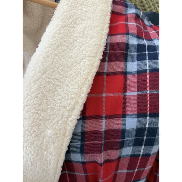LANDS END Size Large 14-16 Red Plaid Cotton Flannel Sherpa Lined Bath Robe Cozy - Picture 10 of 15
